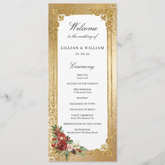 Golden Opulence Kerstmis Bloemen Huwelijk Programma (Voorkant)