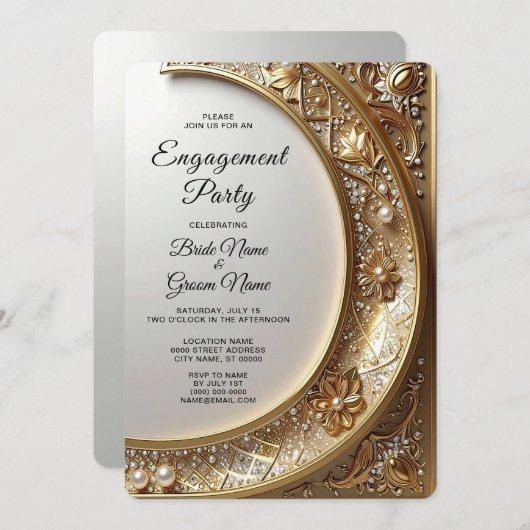Golden Ornate Frame Engagement Invitation (Devant / Derrière)