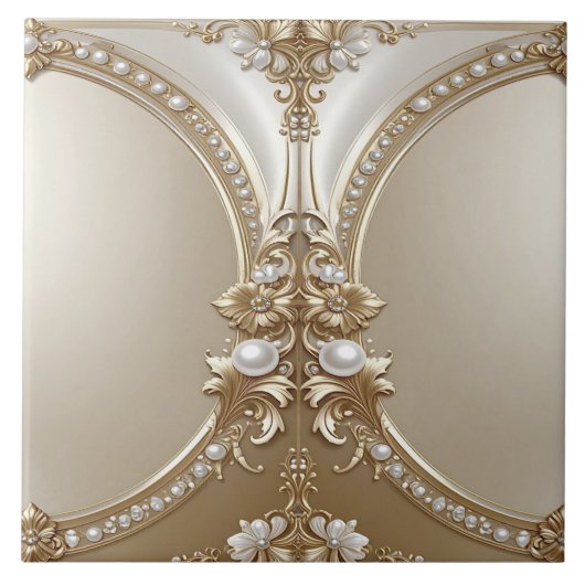 Golden Ornate Frame with Pearls Ceramic Tile Tegeltje (Voorkant)