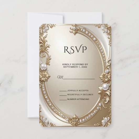 Golden Ornate Frame with Pearls RSVP Card (Devant)