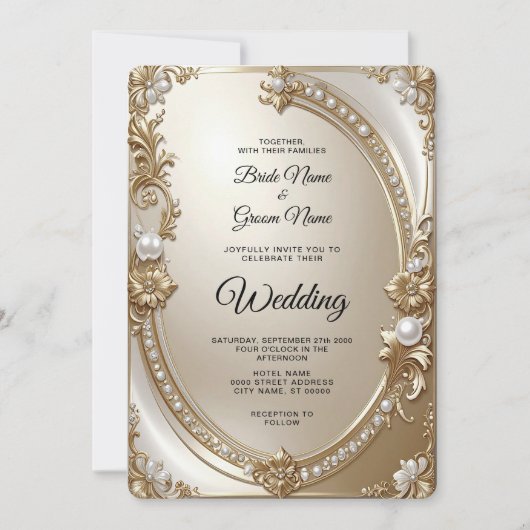 Golden Ornate Frame with Pearls Wedding Invitation (Devant)