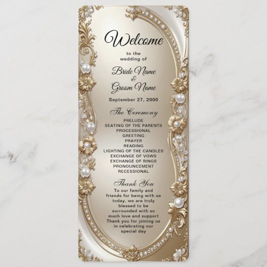 Golden Ornate Frame with Pearls Wedding Program Programma (Voorkant)