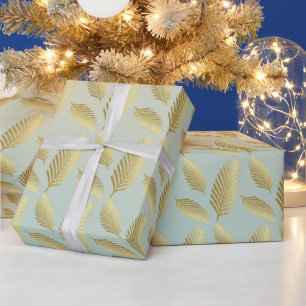 Golden palm bladerpatroon en blauw cadeaupapier