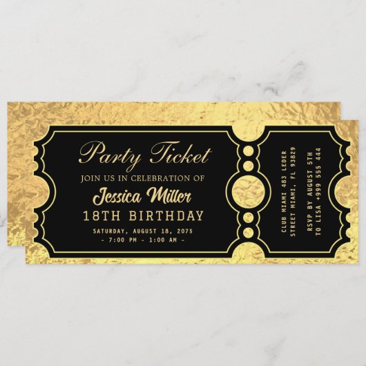 Golden Party Ticket Invitation (Devant / Derrière)