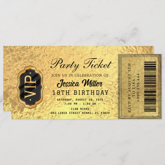 Golden Party Ticket Invitation (Devant / Derrière)