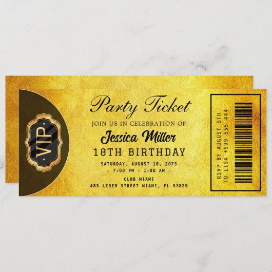 Golden Party Ticket Invitation (Devant / Derrière)