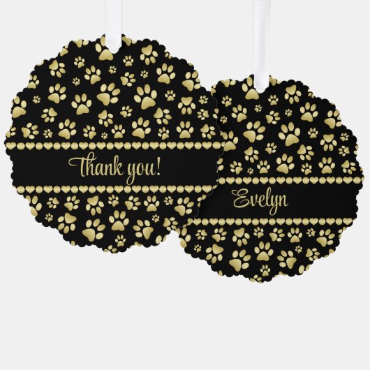 Golden Paw Prints on Black with Custom Name Ornament Kaart (Voorkant / Achterkant)