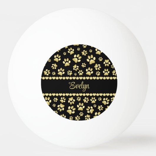 Golden Paw Prints on Black with Custom Name Pingpongballen (Voorkant)
