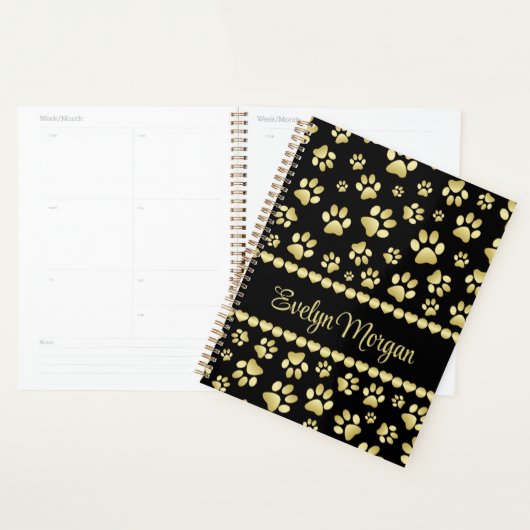 Golden Paw Prints on Black with Custom Name Planner (Display)