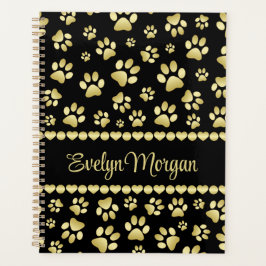 Golden Paw Prints on Black with Custom Name Planner