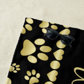 Golden Paw Prints on Black with Custom Name Strandlaken (In situ)