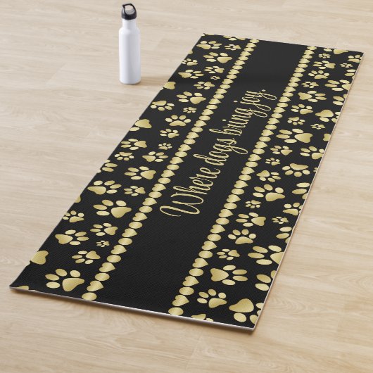 Golden Paw Prints on Black with Custom Name Yogamat (In situ)