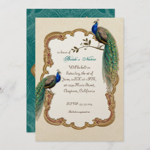Golden Peacock & Calligraphy Swirls Invitation