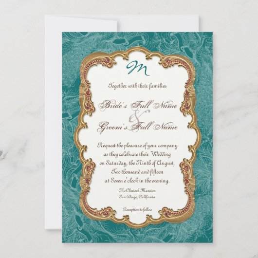 Golden Peacock & Calligraphy Swirls Invitation (Devant)