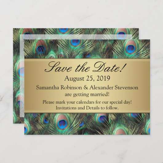Golden Peacock Feather Background Save the Date Aankondigingskaart (Voorkant / Achterkant)