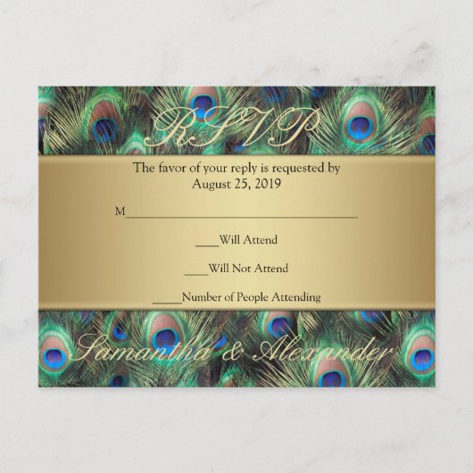 Golden Peacock Feather RSVP Reageer Uitnodiging Briefkaart (Voorkant)