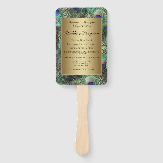 Golden Peacock Feather Wedding Programme Handwaaier (Voorkant)