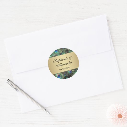 Golden Peacock Feather Wedding Ronde Sticker (Envelop)