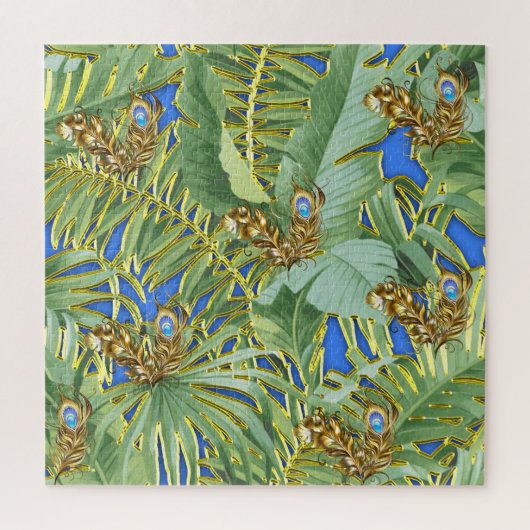 Golden Peacock Leaves on Cerulean Blue Legpuzzel (Verticaal)