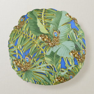 Golden Peacock Leaves on Cerulean Blue Rond Kussen