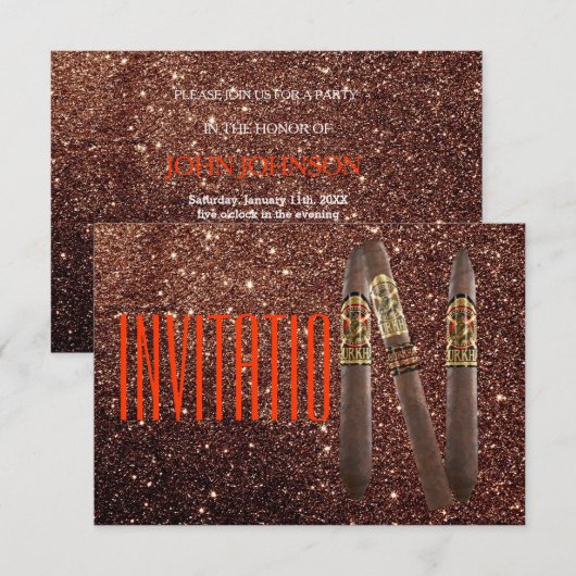 Golden Personalized Cigaro Invitation Glitter VIP Kaart (Voorkant / Achterkant)