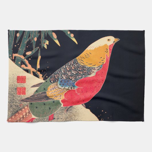 Golden Pheasant  Bird Japans Woodblock Pr Theedoek (Horizontaal)