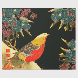 Golden Pheasant in Sneeuw Antiek Japans Bloemen Cadeaupapier