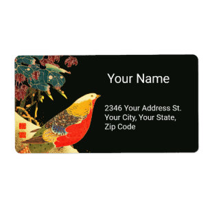 Golden Pheasant in Sneeuw Antiek Japans Bloemen Etiket