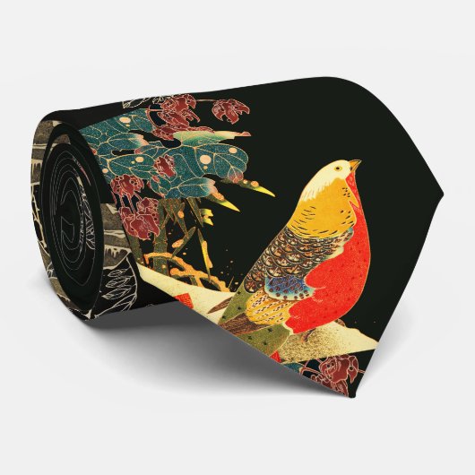 Golden Pheasant in Sneeuw Antiek Japans Bloemen Stropdas (Opgerold)