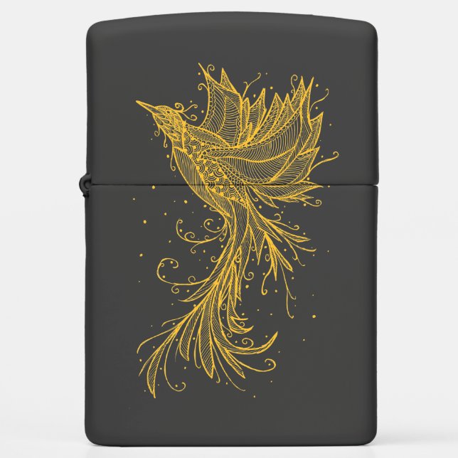 Golden Phoenix Lineart Black Zippo Lighter (Voorkant)