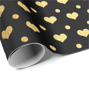 Golden Polka Dots Hearts Confetti Zwart Metallic Cadeaupapier