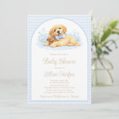 Golden Puppy Baby Shower Invitation for Boy – Blue (Debout devant)