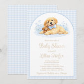 Golden Puppy Baby Shower Invitation for Boy – Blue (Devant / Derrière)