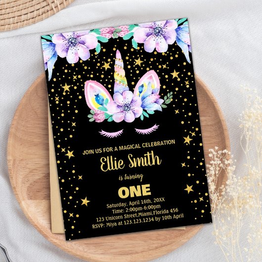 Golden Purple Black Unicorn Invitations Anniversai