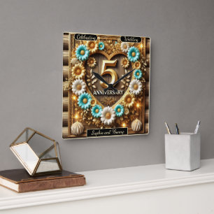 Golden Radiance: 5e Jubileum Celebration Art Vierkante Klok