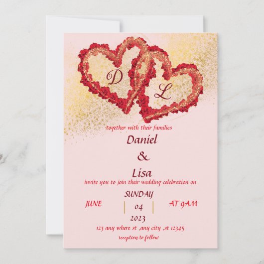 Golden red hearts wedding invitation (Devant)