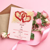 Golden red hearts wedding invitation