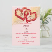 Golden red hearts wedding uitnodiging (Staand voorkant)