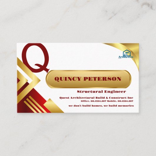 Golden & Red Layers Monogram Initial Founder CEO Visitekaartje (Voorkant)