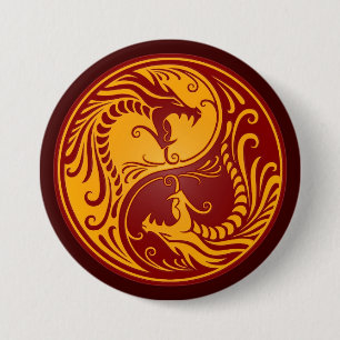 Golden Red Yin Yang Dragons Ronde Button 7,6 Cm