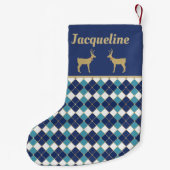 Golden Reindeer en Blue Argyle Pattern Holiday Kleine Kerstsok (Achterkant)