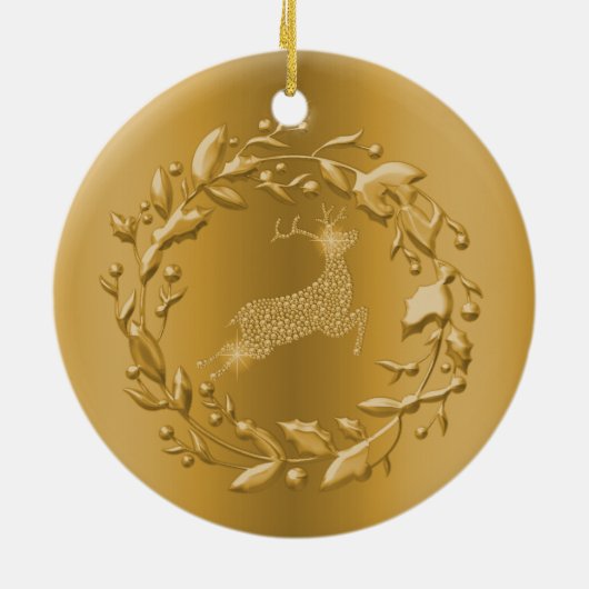 Golden Reindeer en Wreath Kerstmis Keramisch Ornament (Achterkant)