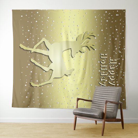 Golden Reindeer Snowy Holiday Backdrop Wandkleed (In Situ (horizontaal))