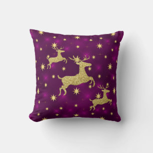 Golden Reindeer & Stars Paars Kussen