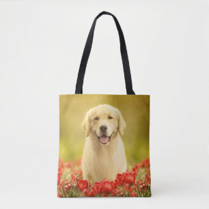 Golden Retirever in Red Flowers Draagtas