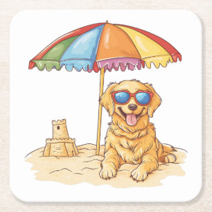 Golden Retriever Beach Dog Vierkante Kartonnen Onderzetter