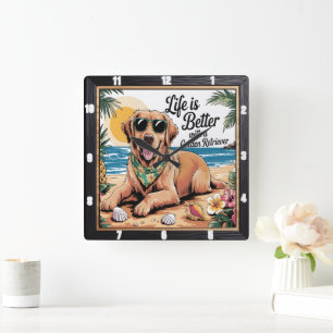 Golden Retriever Beach Life Vierkante Klok