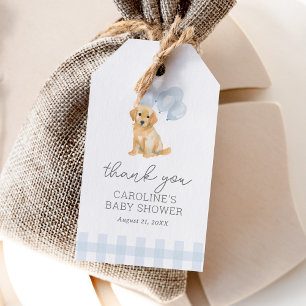 Golden Retriever Blauwe Gingham Baby Shower Cadeaulabel