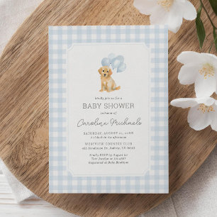 Golden Retriever Blue Gingham Baby shower Kaart