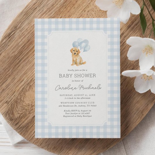 Golden Retriever Blue Gingham Baby shower Kaart